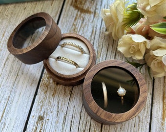Caja de anillo de boda grabada redonda personalizada, caja de anillo de compromiso de madera, caja de anillo de boda de doble ranura, caja de anillo de madera, caja portadora de anillo