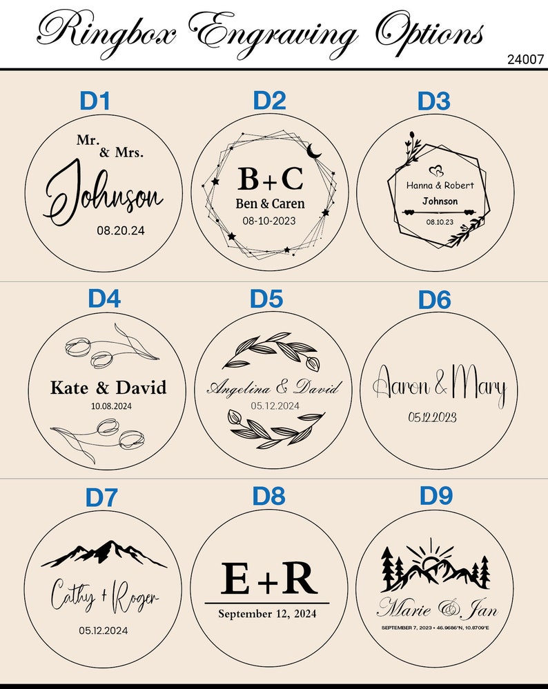 K&ouml;nnte beinhalten: Neun verschiedene Gravur-Optionen f&uuml;r eine Ringbox. Jede Option bietet ein anderes Design und einen anderen Text, einschlie&szlig;lich Namen, Daten und Symbole. Die Designs umfassen einen Blumengirlanden, eine Bergkette, eine Sonne und einen Mond sowie ein Herz.