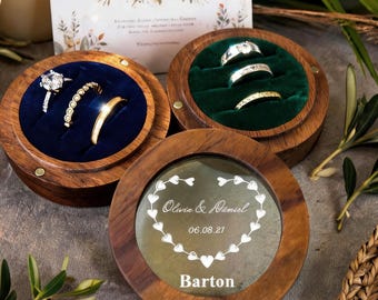 Custom 3 Slot Walnut Wedding Ring Box, Personalized Magnetic Round Wooden Bearer Case with Mystic Blue and Forest Green Velvet Inlay Liner
