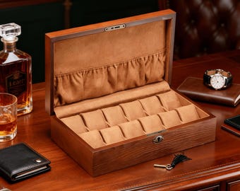 Custom Engraved Ash Wood 12 Slots Watch Box, Personalised Wood Watch Case for Men, Rectangular 4, 10, 12 Slots, Square 6 Slot Watch Holder