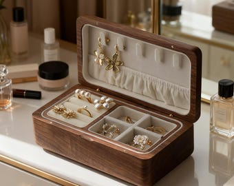 Joyero de madera de dos capas, joyero personalizado de nogal, organizador de joyas, ideal para guardar anillos, pulseras, pendientes y collares.