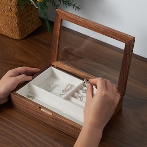 Benutzerdefinierte Glasabdeckung Holz Schmuckschatulle, Schmuckorganisator, einfache Schmuckschatulle, WalnussSchmuckschatulle, Ring, Armbänder, Ohrstecker, Halskettenaufbewahrung