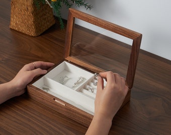 Custom Glass Cover Wood Jewelry Box, Jewelry Organizer, Simple Jewelry Box, WalnutJewelry Box,Ring, Bracelets,Stud Earring, Necklace Storage
