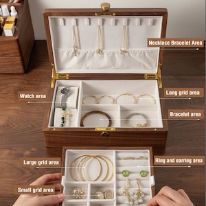 Caixa de joias de nogueira com gravação personalizada, organizador grande de madeira, presente de Natal