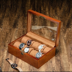 Father&#39;s Day Gift，Custom Glass Lid Watch Storage Box with 10 Slots, Custom Engraved Watch Box For Men