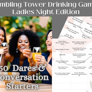 May include: A printable game card with 50 dares and conversation starters for a ladies night drinking game. The card features a light pink background with white text and black borders. The card is divided into a grid of squares, each containing a different dare or conversation starter. The card is titled "Tumbling Tower Drinking Game: Ladies Night Edition".