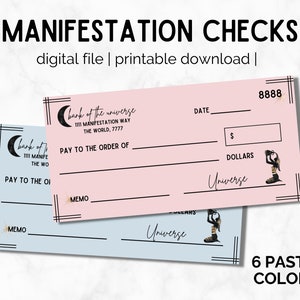 May include: Two rectangular manifestation checks in pastel pink and light blue. Each check features the text Bank of the Universe, 1111 Manifestation Way, The World, 7777, Pay to the order of, Dollars, Memo, and Universe, with a graphic of a person pouring water.