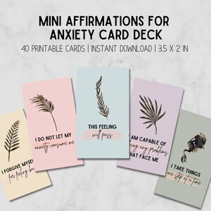 Puede incluir: Un conjunto de 40 tarjetas de afirmación imprimibles con un diseño de hoja tropical. Las tarjetas miden 8,9 cm por 5,1 cm y presentan afirmaciones positivas para controlar la ansiedad. Algunas de las afirmaciones incluyen "No dejo que mi ansiedad me consuma", "Este sentimiento pasará", "Soy capaz de superar cualquier problema que se me presente", y "Tomo las cosas paso a paso".