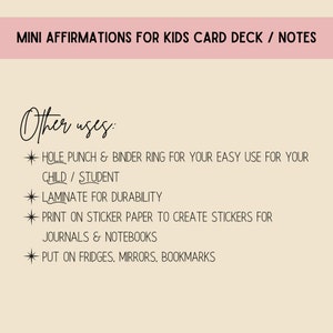 Puede incluir: Una lista de usos para un juego de tarjetas de afirmaciones para ni&ntilde;os. La lista incluye perforar, laminar, imprimir en papel de pegatina y usar como marcap&aacute;ginas.