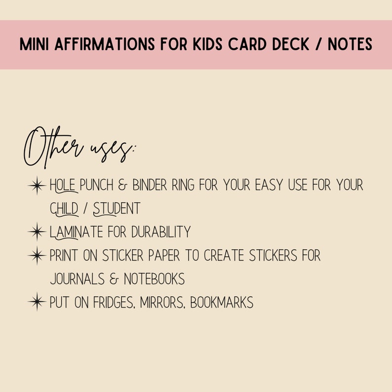 Puede incluir: Una lista de usos para un juego de tarjetas de afirmaciones para ni&ntilde;os. La lista incluye perforar, laminar, imprimir en papel de pegatina y usar como marcap&aacute;ginas.
