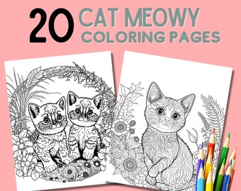 Cat Coloring Pages for Kids and Adults | 20 Pages Coloring Book Cute Kittens, Cat Party Activity, Stress Relieving Relaxation Calming Corner