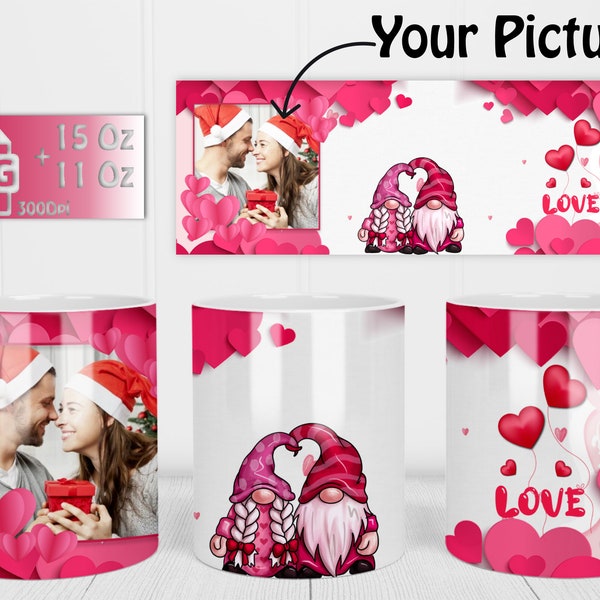 Photo mug png, customizable mug, I love you mug design, Custom Photo mug wrap png, Customizable mug sublimation Gnome