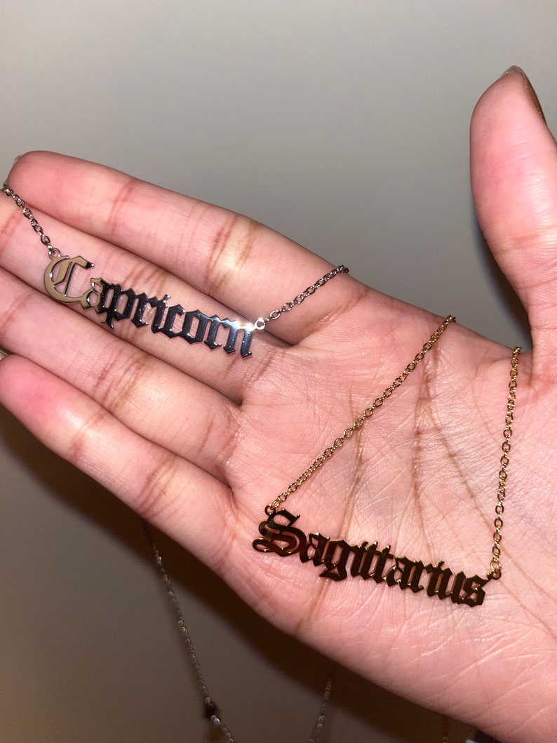 18K Zodiac Astrology Sign Necklace, Old English, Stainless Steel