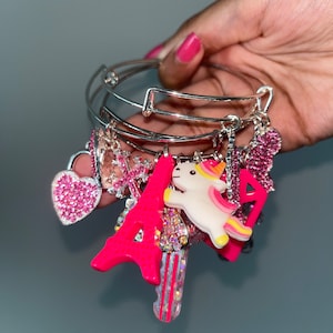 Bangles, charm bangles, charm bracelet, silver bangles, colorful bangle charms, bling charms