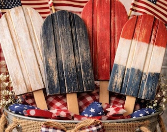 Faux Popsicle | Wooden Farmhouse Popsicle | Tier Tray Decor | Summer Decor / Fourth of July Dough Bowl Filler Americana SET OF 3 America USA