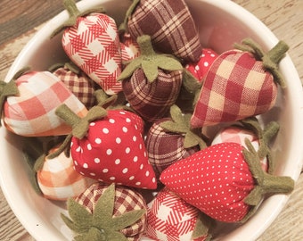 Faux Fabric Strawberries | Stuffed Farmhouse Strawberry | Tier Tray Decor| Spring / Summer Kitchen Dough Bowl Filler