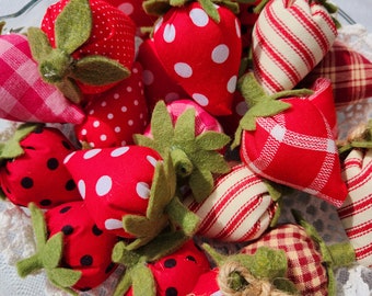 Faux Fabric Strawberries | Stuffed Farmhouse Strawberry | Tier Tray Decor| Spring / Summer Kitchen Dough Bowl Filler