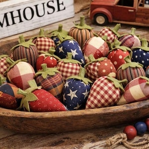 Handmade Fabric Strawberries Bowl Filler | Rustic Farmhouse Summer Decor | Primitive Country Tiered Tray Accents | Faux Strawberries