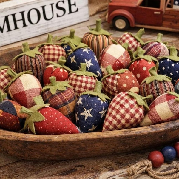 Handmade Fabric Strawberries Bowl Filler | Rustic Farmhouse Summer Decor | Primitive Country Tiered Tray Accents | Faux Strawberries