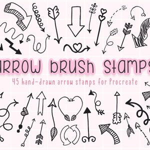 Peut inclure: Un ensemble de 45 tampons de pinceau flèche dessinés à la main pour Procreate. Les flèches sont en noir et blanc et présentent une variété de styles, notamment simples, courbes et décoratifs. Le texte "ARROW BRUSH STAMPS" est écrit en rose en haut de l'image.