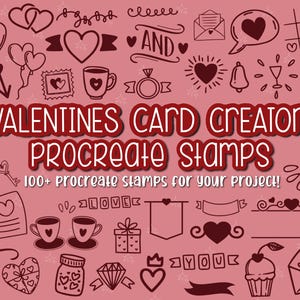 Puede incluir: Un conjunto de más de 100 sellos Procreate con temática de San Valentín, que incluyen corazones, flechas, flores y otros símbolos románticos. Los sellos son en blanco y negro y son perfectos para crear tarjetas digitales de San Valentín, invitaciones y otros proyectos.