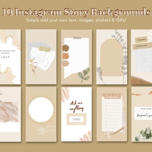 Puede incluir: Diez fondos de historias de Instagram en una paleta de colores neutros con varios elementos de diseño, que incluyen acuarela, hojas y texto. El texto incluye "Good things are coming", "Ask me anything", "I believe in true love" y "Reminder: Be kind to yourself!"