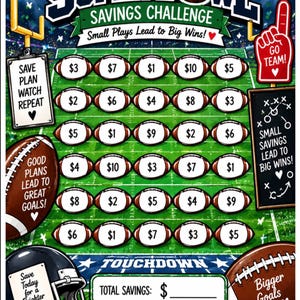 May include: A Super Bowl Savings Challenge tracker featuring a football field grid with thirty football-shaped icons containing dollar amounts. The design includes a helmet, a play board, and text reading Small Plays Lead to Big Wins and Touchdown.