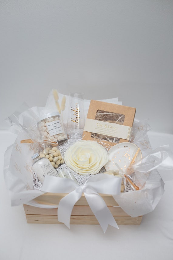 Bride to be Gifts Hamper  Best gift idea for Bridal shower Cute Handpicked  Gift Hampers Basket with Bride To Be Sash & Personalized Satin Robe.  Thoughtful Bride to be Gifts box