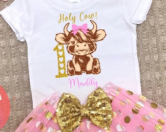 Highland Cow Birthday Outfit | Baby Girl Glitter Shirt | Highland Cow Bday Party | Pink and Gold Theme | Sequin Bow