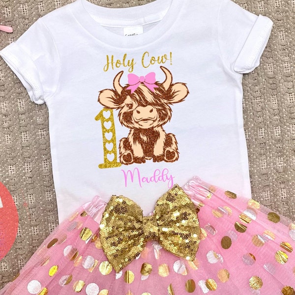 Highland Cow Birthday Outfit | Baby Girl Glitter Shirt | Highland Cow Bday Party | Pink and Gold Theme | Sequin Bow