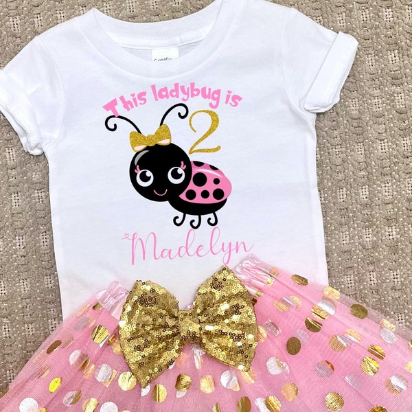 Ladybug Birthday Outfit | Baby Girl Glitter Shirt | 1st Bday Party | Pink Gold Polka Dot Tutu | Gift For Her First Year | Sequin Bow