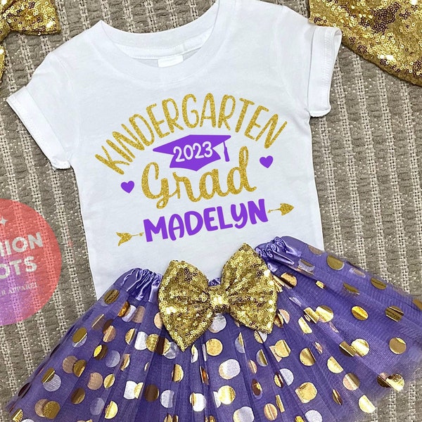 Personalized Kindergarten Grad Outfit | Girls Graduation | Kindergarten Graduation Outfit | Kindergarten Grad Shirt | Purple Gold Tutu
