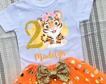 Tiger Theme Outfit  | Orange Tutu Set | Tiger Birthday T-shirt | Toddler Girl Outfit | Tulle Tutu with Bow | Tiger Flowers