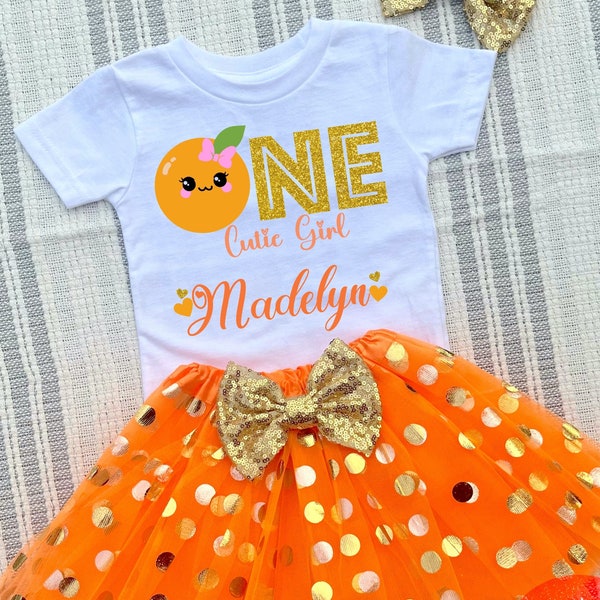 One Cutie Girl Outfit  | Orange And Gold Design | 1st Birthday Glitter T-shirt | Toddler Girl Outfit | Tulle Tutu with Bow | Orange Shirt