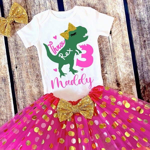 Girl Three Rex Tutu Outfit, Custom Girl Dino Outfit, 3 Rex Shirt, Girl Dinosaur Three Birthday, Girl T-Rex 3 Shirt, 3rd Birthday Dino Theme