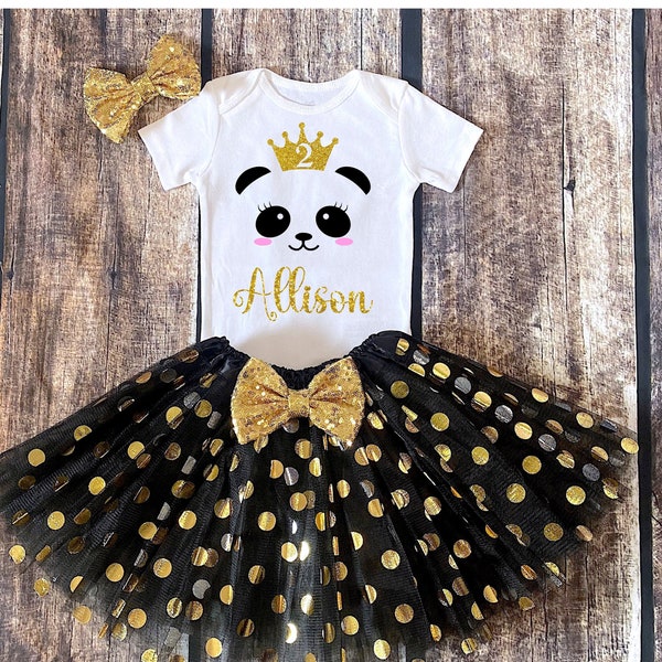 Panda birthday girl outfit. Black and white T-shirt. Bear personalized design. Black and gold 3 layer tulle skirt. Panda lovers clothing