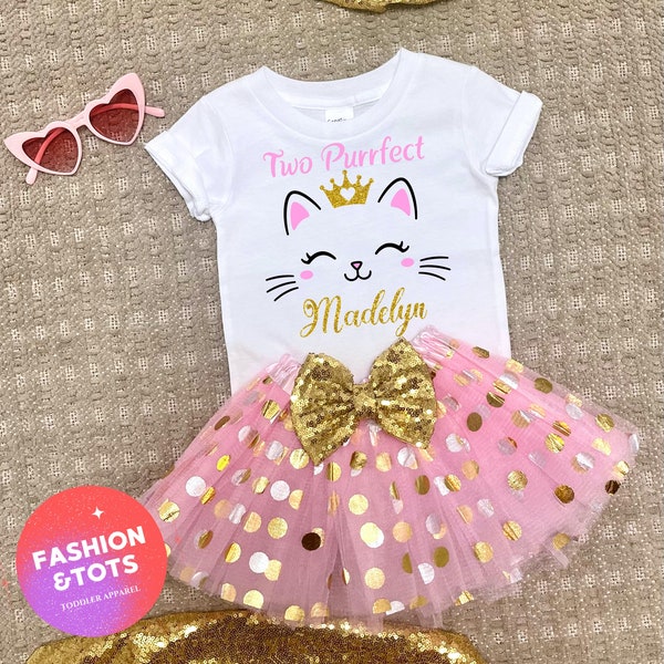 Two Perfect Cat Shirt | Cat Lovers Design | Personalized Outfit For Girls | Gold Pink Tutu | Gold Sequin  Bow | Bday Present For Her