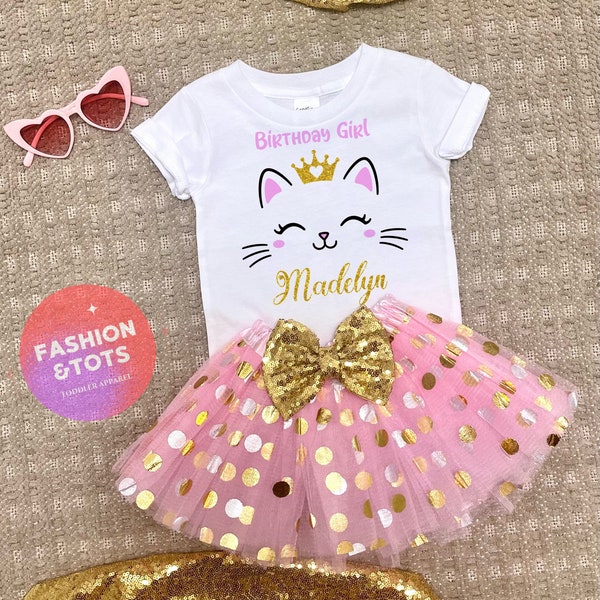 Birthday Girl Cat Shirt | Cat Lovers Design | Personalized Outfit For Girls | Gold Pink Tutu | Gold Sequin  Bow | Bday Present For Her