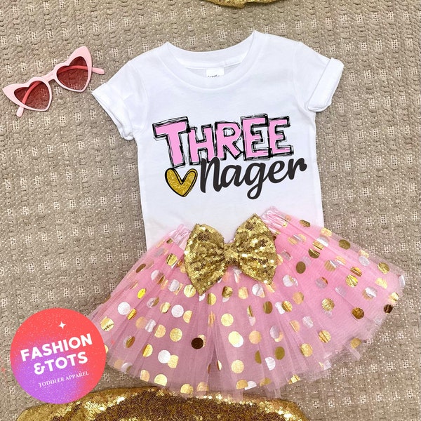 Threenager Outfit| Toddler Birthday Shirt | Third Birthday Outfit | Gold Pink Tutu | Glittery Tee| Bday Present For Girls | Birthday Girl