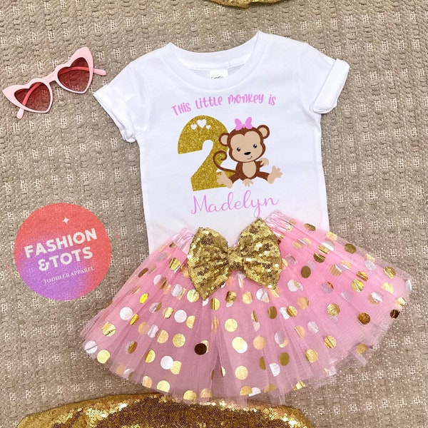 Monkey Girl Birthday Outfit | Toddler Glitter Tutu Outfit | 2nd Birthday Outfit For Girls | Pink Tutu Outfit | Personalized