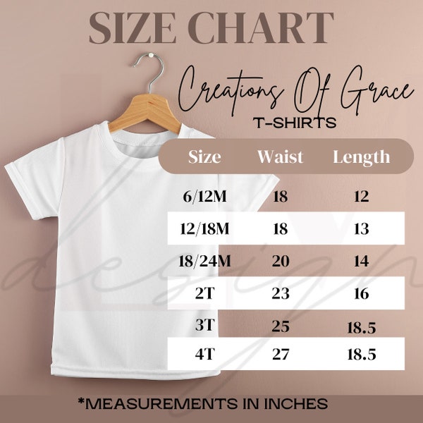 Creations Of Grace T-Shirt Size Chart, Creations of Grace Size Chart Mockup, Toddler Chart Mockups, Infant Size Chart, Kid Shirt Size Chart