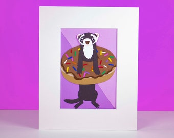 Original Ferret in a Donut Hand-cut Paper Illustration