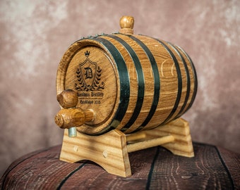 Personalized Premium Aging Barrel - Shield Design - Custom Oakwood Barrel - Perfect for Whiskey, Bourbon, Tequila, Rum, & Wine - Engraved