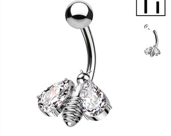 Banana Navel Piercing in Titanium with Bee-Shaped Crystal and Internal Threading