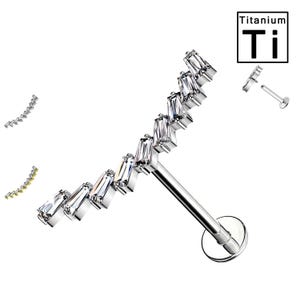 May include: A silver titanium body jewelry piece with a curved row of clear cubic zirconia stones. The jewelry is designed for a cartilage piercing. The text "Titanium Ti" is visible in the image.