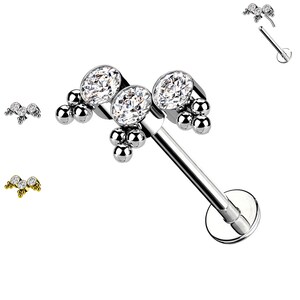 Wireless Push-in Labret Piercing in Steel-Three Crystals