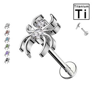 May include: Titanium body jewelry featuring a spider design with two clear gemstones. The spider is made of titanium and has a flat back.