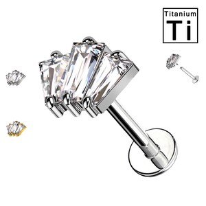 May include: A silver titanium body jewelry piece with a cluster of clear cubic zirconia stones in a fan shape. The jewelry is a labret stud with a flat back.