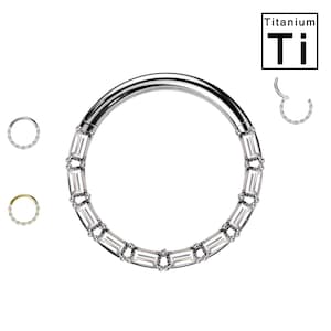 May include: A titanium seamless ring with a row of baguette-shaped clear stones. The ring is a body piercing jewelry piece.