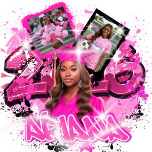 May include: A graduation-themed graphic with a young woman in a pink graduation cap and gown. The design includes the name "ARIANA" in graffiti style, the year "2020", and two inset photos of the woman in athletic attire. The background features pink paint splatters.
